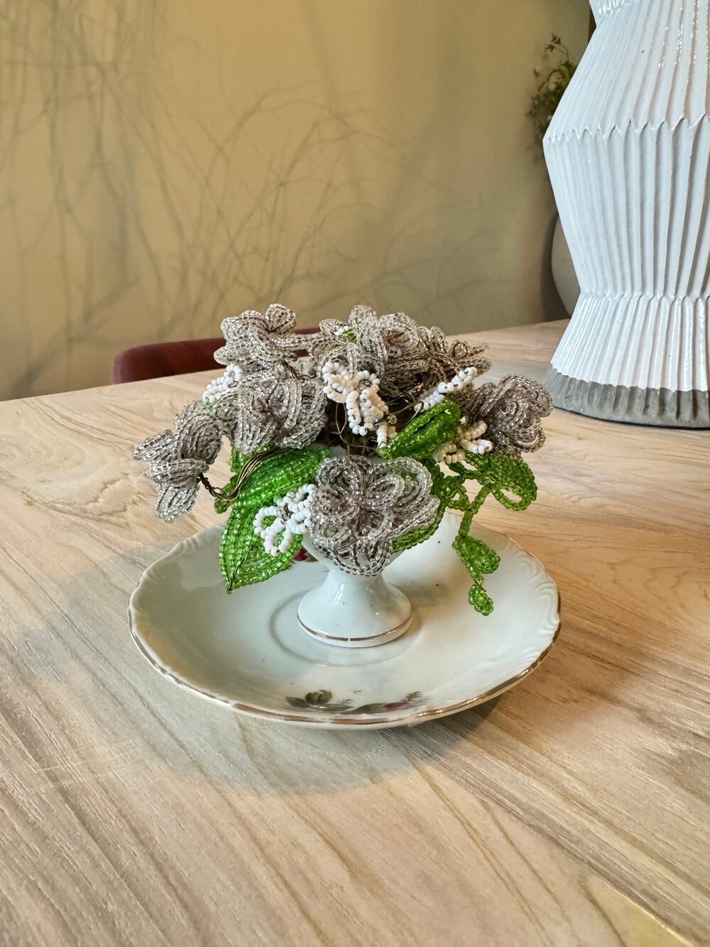 VINTAGE Clear Beaded Flowers in Floral Mini Vase and Saucer JAPAN